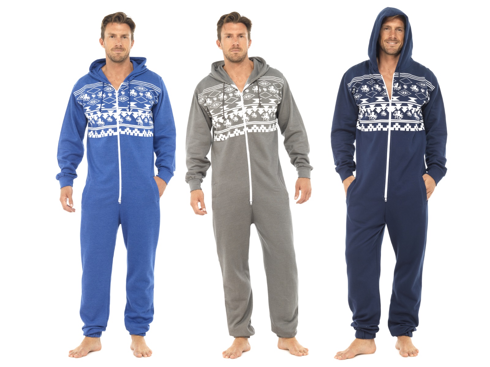 Mens Fairisle Onesie Full Length Pyjamas Gents Hooded Pjs Xmas Gift